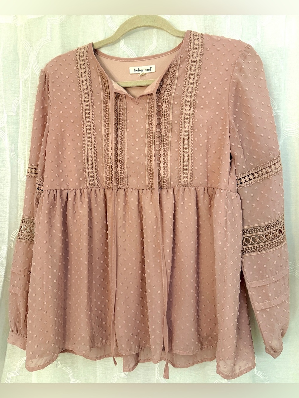 Indigo Soul Boho Lace Peasant Blouse 🤍 Swiss Dot Babydoll Top Size Small